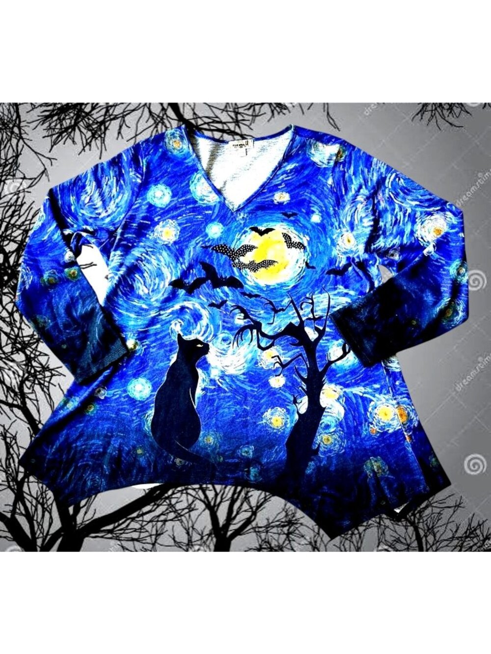One World Starry Night V Neck Top Halloween Black Cat Bats Embellished Spooky